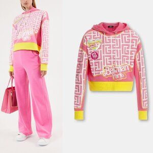 Balmain x Barbie Pink Crop Monogram Hoodie Sweatshirt XS